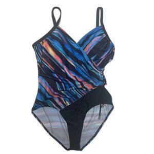 NEW Striped Print One-piece Swimsuit Deep V Neck Ruched Wrap Tummy Control Large